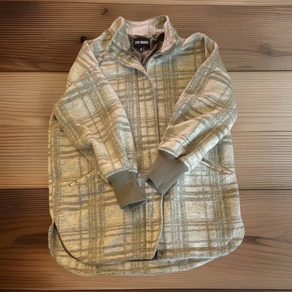 Steve Madden Women's Gray Plaid Collared Zip/Snap Jacket w/ Pockets M - Picture 1 of 13